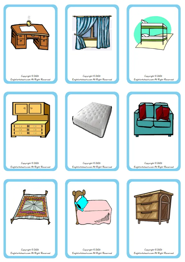 Wordless Furniture vocabulary worksheet with nine images per page