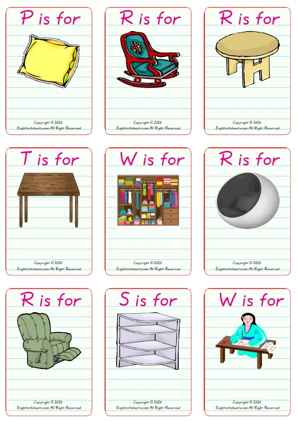 Wordless Furniture vocabulary worksheet with nine images per page