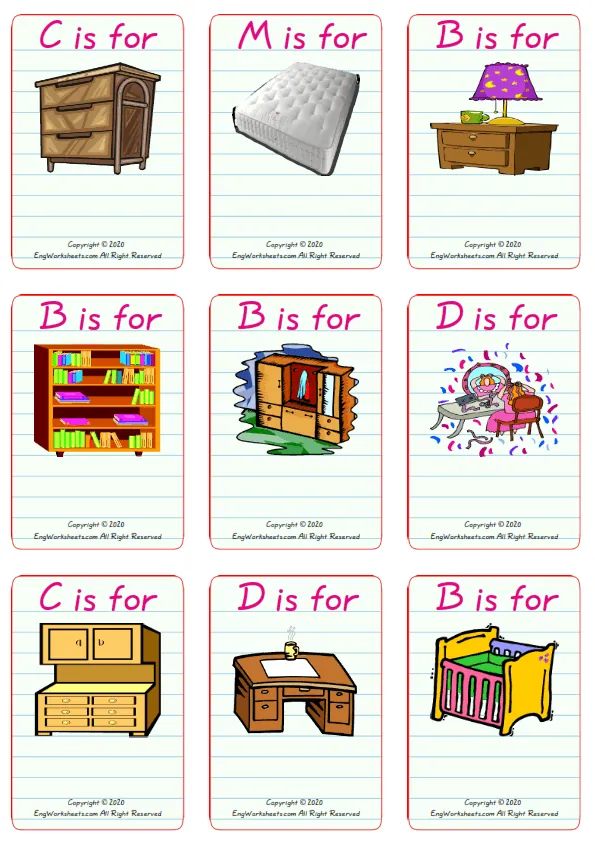 Wordless Furniture vocabulary worksheet with nine images per page