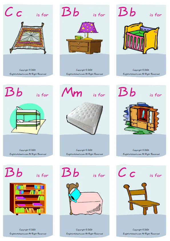 Wordless Furniture vocabulary worksheet with nine images per page