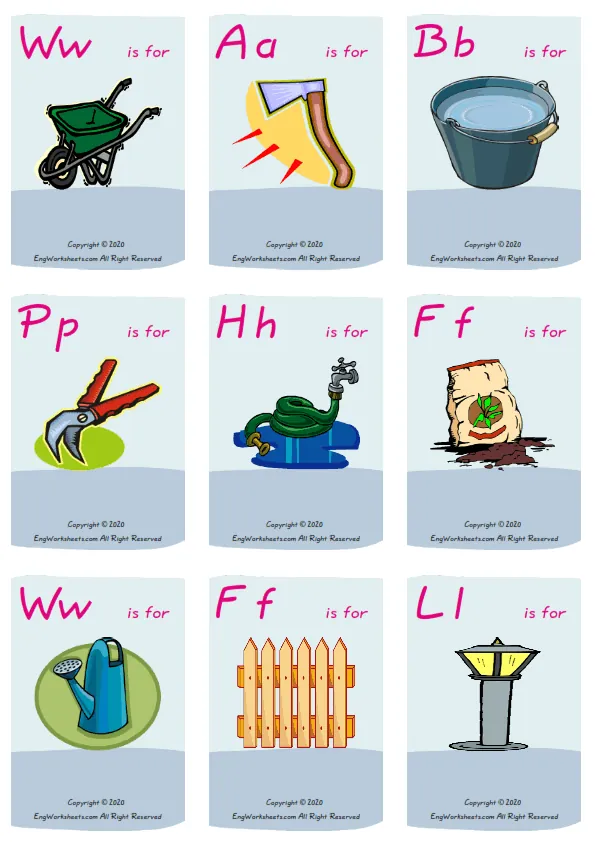 Wordless Garden Parts vocabulary worksheet with nine images per page