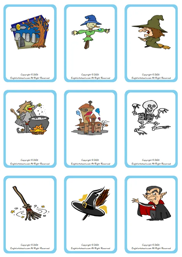 Wordless Halloween vocabulary worksheet with nine images per page Worksheet Preview