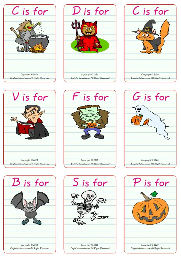 Wordless Halloween vocabulary worksheet with nine images per page Worksheet Preview