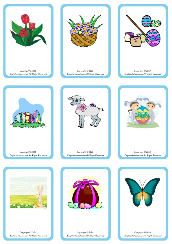Wordless Happy Easter vocabulary worksheet with nine images per page
