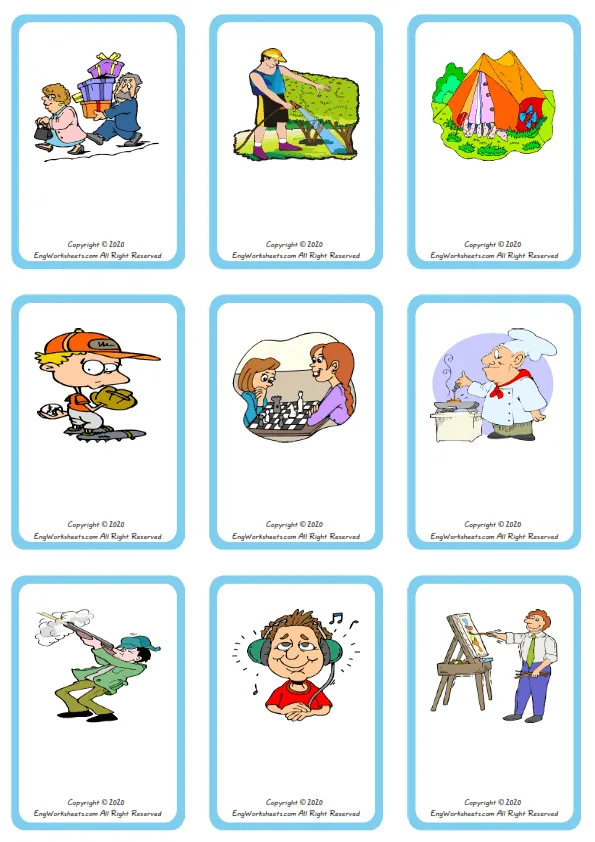Wordless Hobbies vocabulary worksheet with nine images per page Worksheet Preview