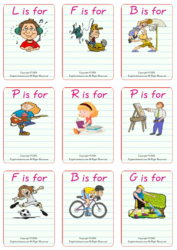 Wordless Hobbies vocabulary worksheet with nine images per page Worksheet Preview
