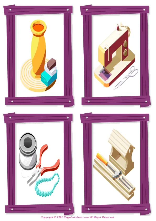 Wordless Hobby Crafts vocabulary worksheet with four images per page Worksheet Preview