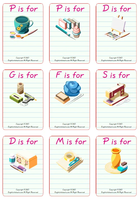 Wordless Hobby Crafts vocabulary worksheet with nine images per page