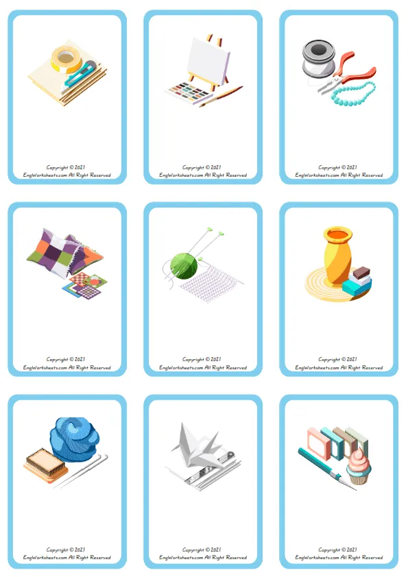 Wordless Hobby Crafts vocabulary worksheet with nine images per page