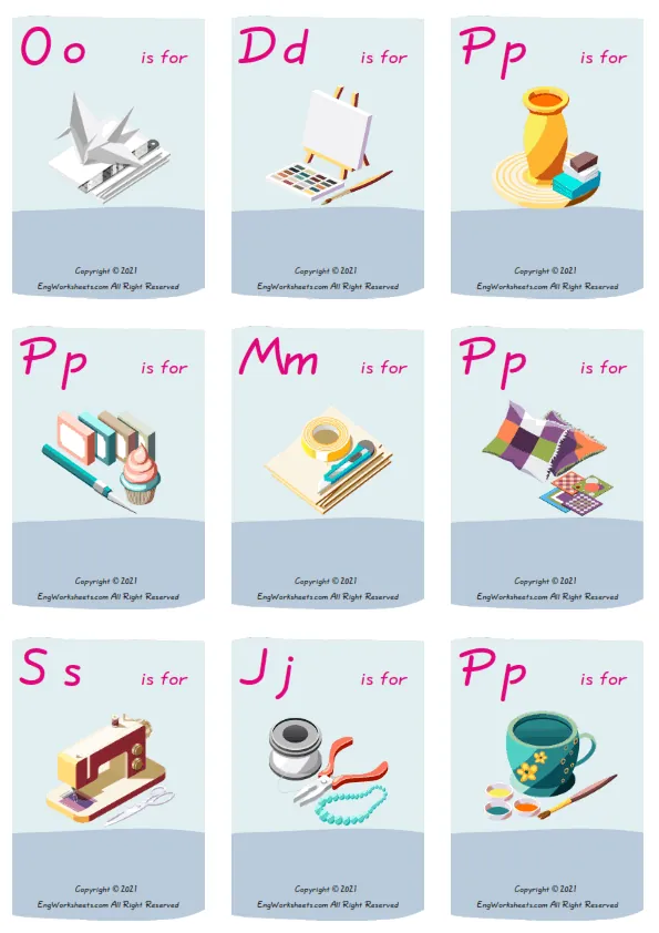 Wordless Hobby Crafts vocabulary worksheet with nine images per page