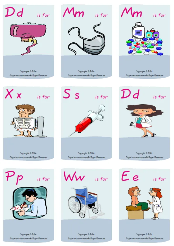 Wordless Hospital vocabulary worksheet with nine images per page