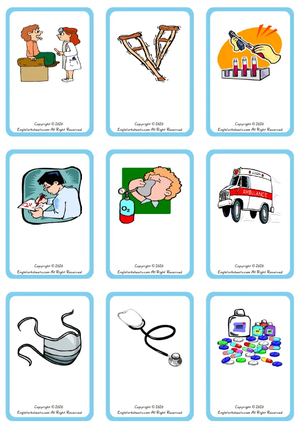 Wordless Hospital vocabulary worksheet with nine images per page