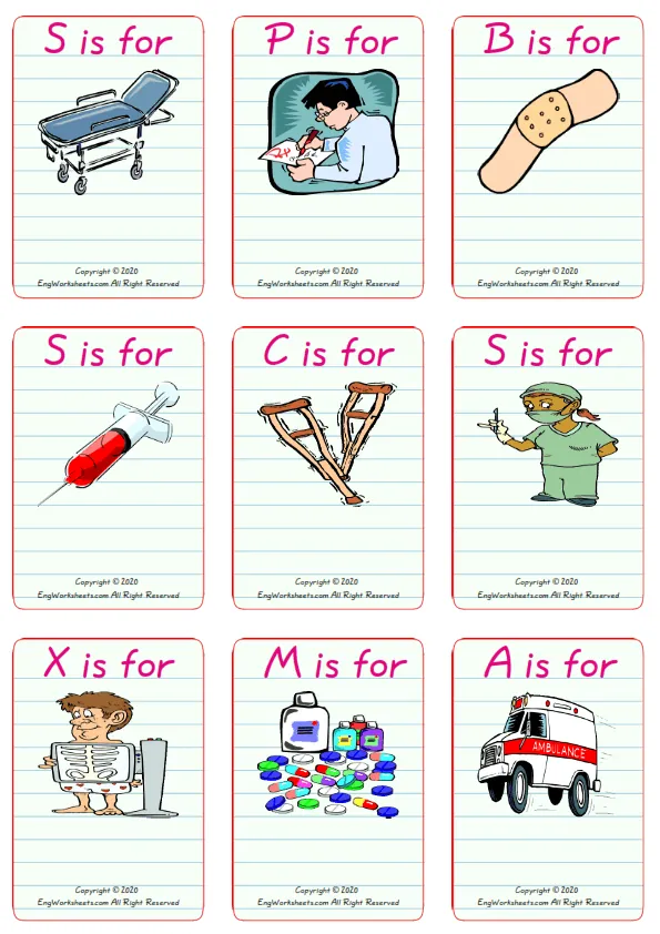 Wordless Hospital vocabulary worksheet with nine images per page