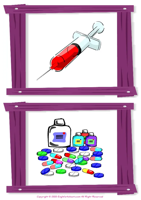 Wordless Hospital vocabulary worksheet with two images per page Worksheet Preview