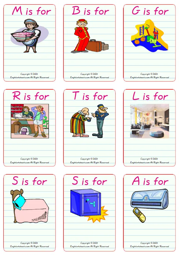 Wordless Hotel vocabulary worksheet with nine images per page Worksheet Preview