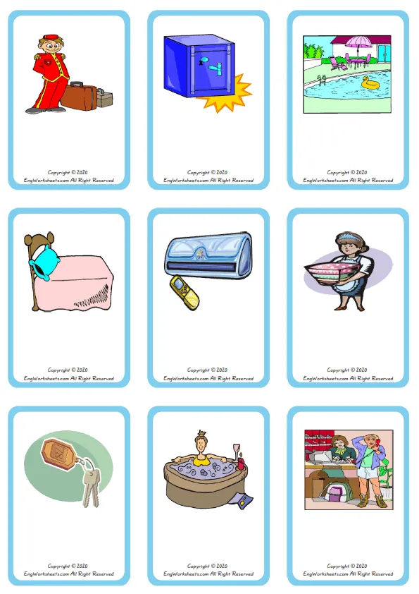 Wordless Hotel vocabulary worksheet with nine images per page Worksheet Preview