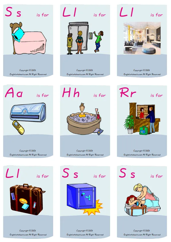 Wordless Hotel vocabulary worksheet with nine images per page Worksheet Preview