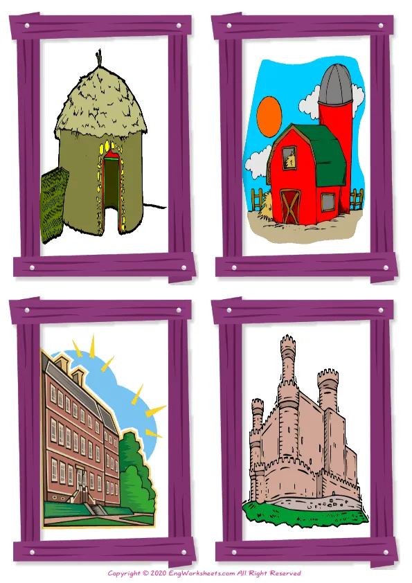 Wordless Houses Homes vocabulary worksheet with four images per page