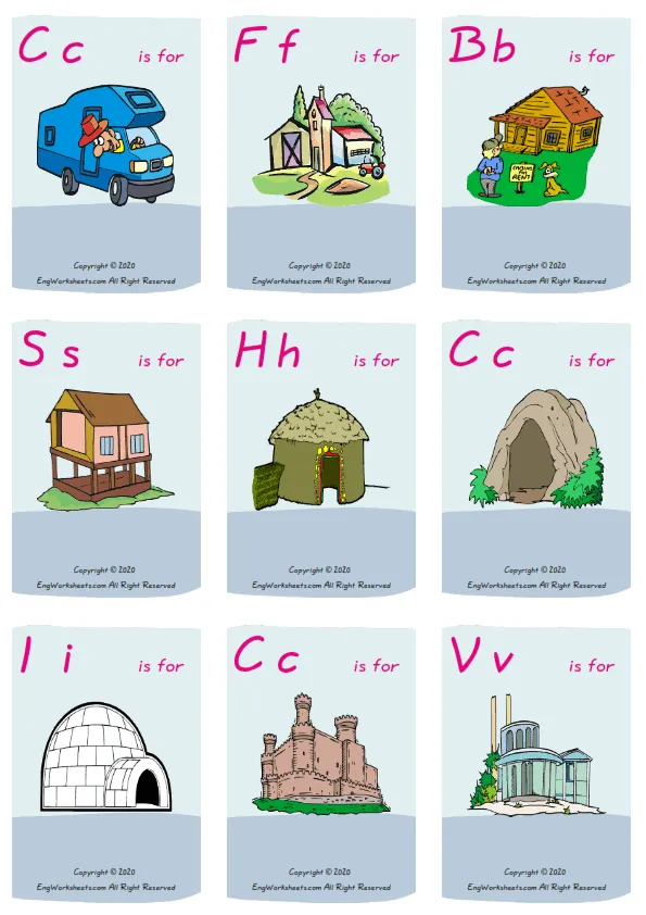 Wordless Houses Homes vocabulary worksheet with nine images per page