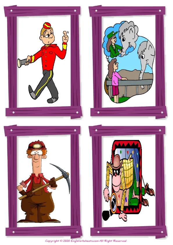 Wordless Jobs Occupations vocabulary worksheet with four images per page