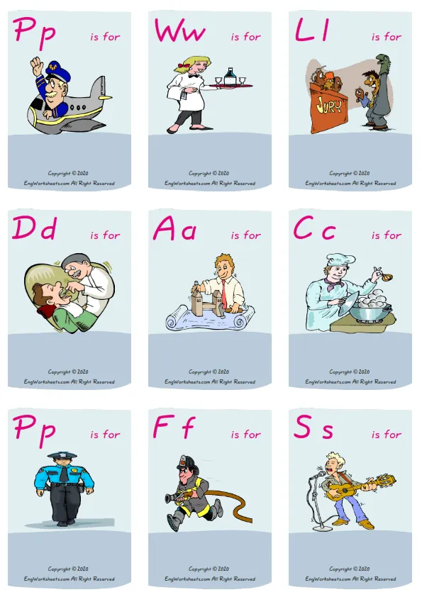 Wordless Jobs Occupations vocabulary worksheet with nine images per page