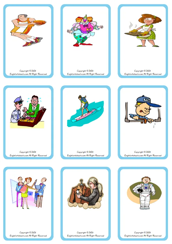 Wordless Jobs Occupations vocabulary worksheet with nine images per page Worksheet Preview