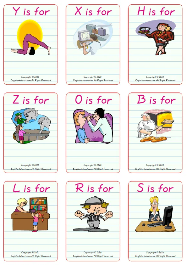 Wordless Jobs Occupations vocabulary worksheet with nine images per page