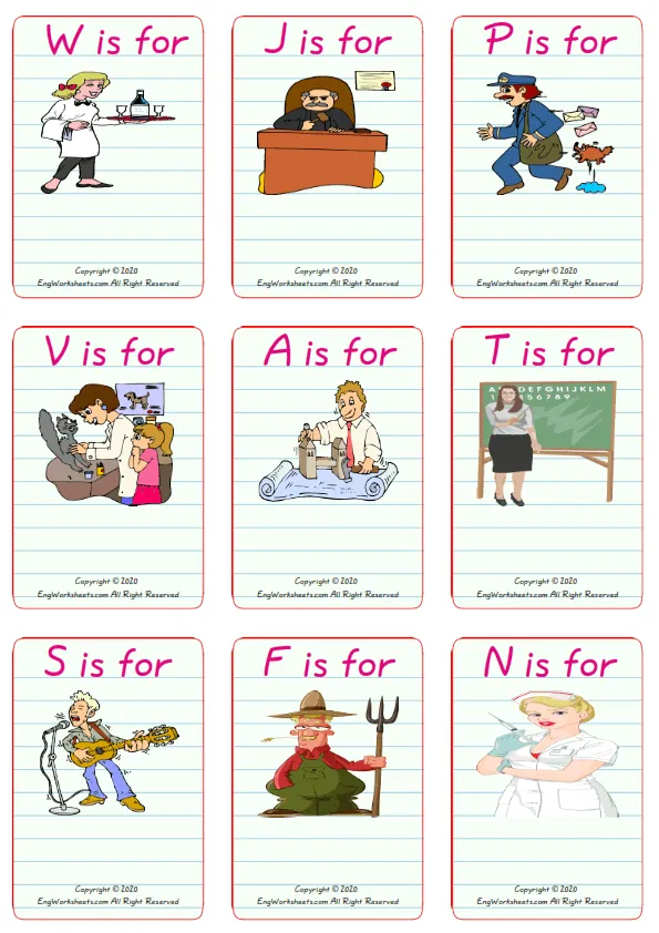 Wordless Jobs Occupations vocabulary worksheet with nine images per page