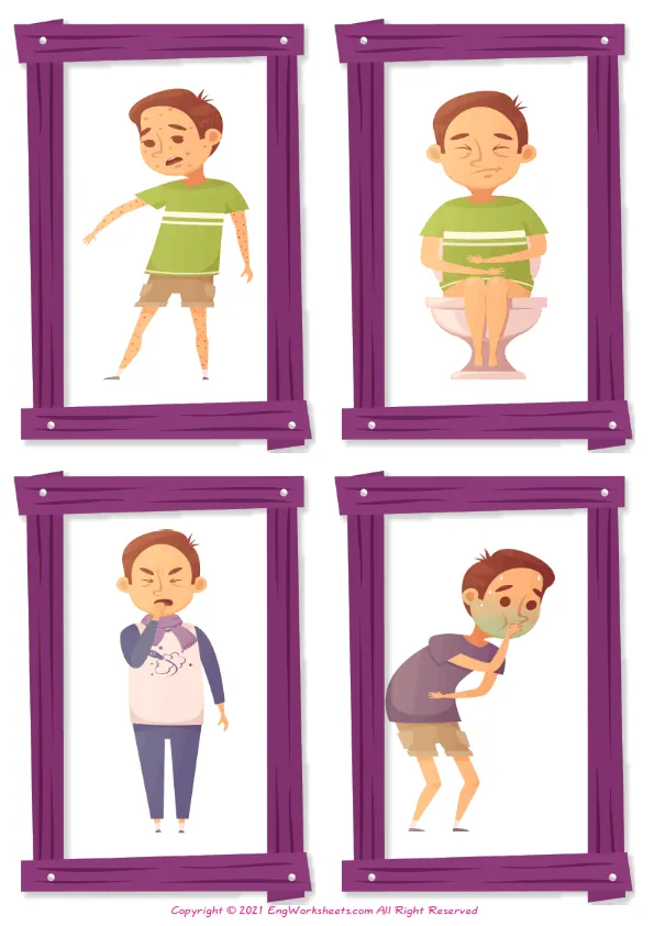 Wordless Kids Diseases vocabulary worksheet with four images per page