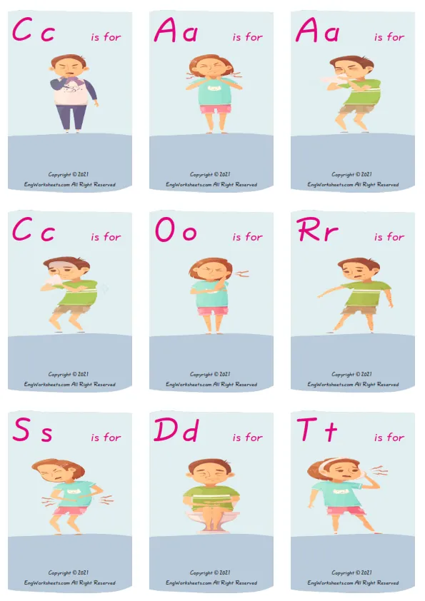 Wordless Kids Diseases vocabulary worksheet with nine images per page