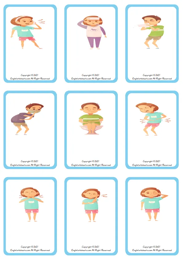 Wordless Kids Diseases vocabulary worksheet with nine images per page