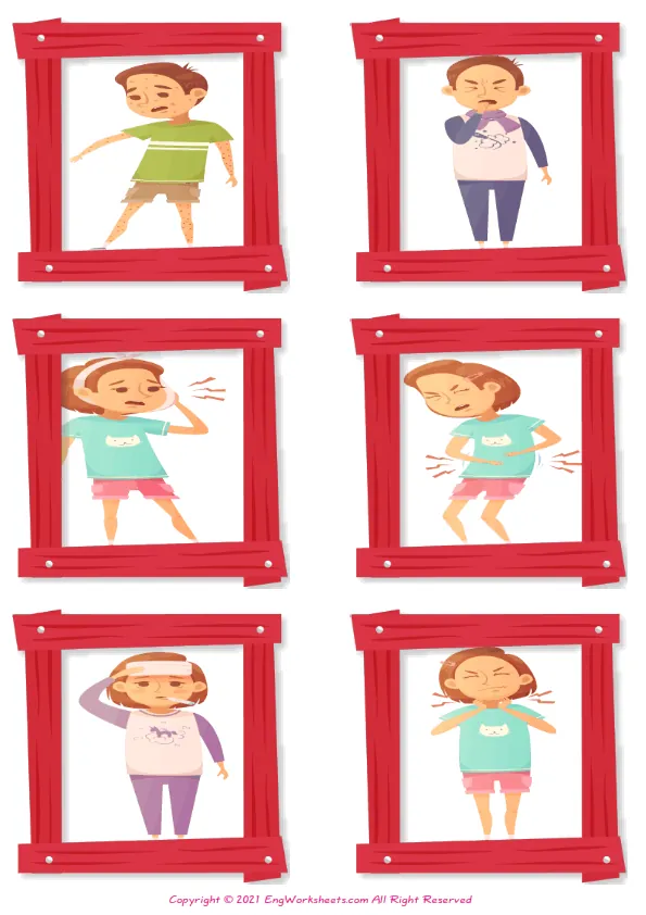 Wordless Kids Diseases vocabulary worksheet with six images per page