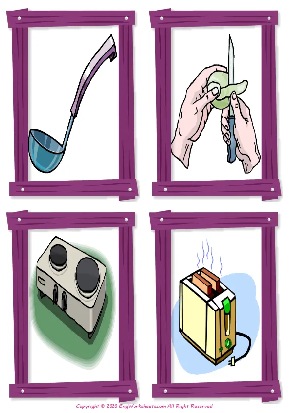 Wordless Kitchen vocabulary worksheet with four images per page