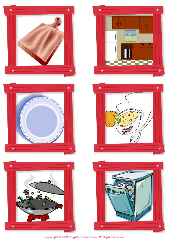 Wordless Kitchen vocabulary worksheet with six images per page Worksheet Preview