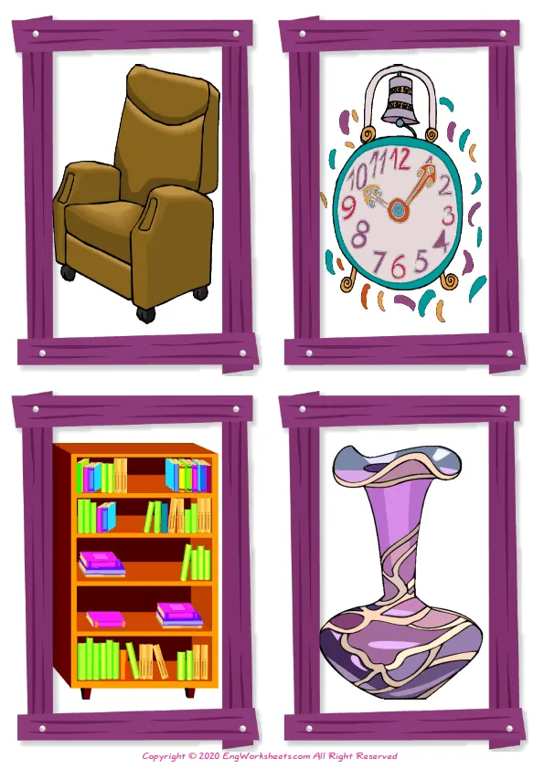 Wordless Living Room vocabulary worksheet with four images per page Worksheet Preview