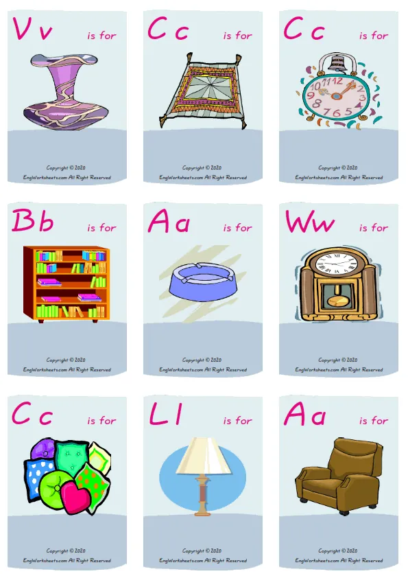 Wordless Living Room vocabulary worksheet with nine images per page Worksheet Preview