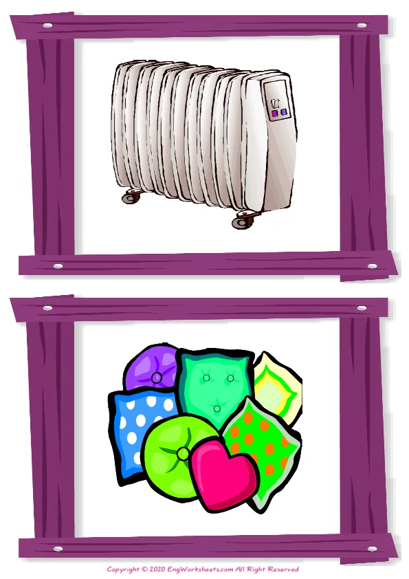 Wordless Living Room vocabulary worksheet with two images per page