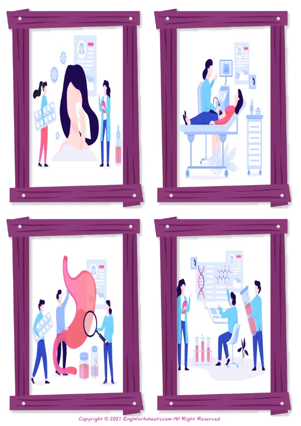 Wordless Medical Professions vocabulary worksheet with four images per page
