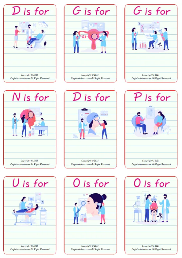 Wordless Medical Professions vocabulary worksheet with nine images per page