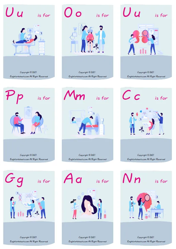 Wordless Medical Professions vocabulary worksheet with nine images per page