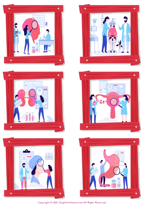 Wordless Medical Professions vocabulary worksheet with six images per page