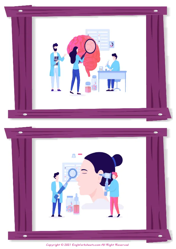 Wordless Medical Professions vocabulary worksheet with two images per page