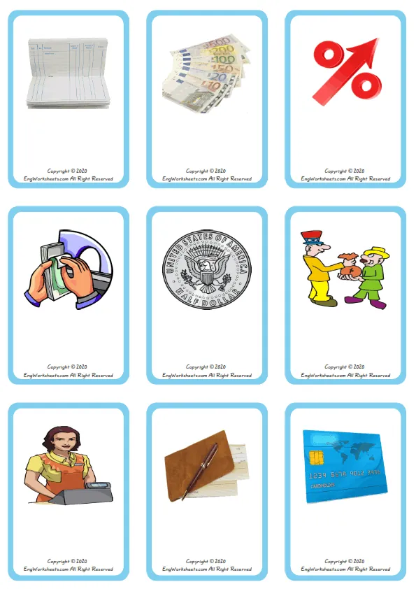 Wordless Money vocabulary worksheet with nine images per page