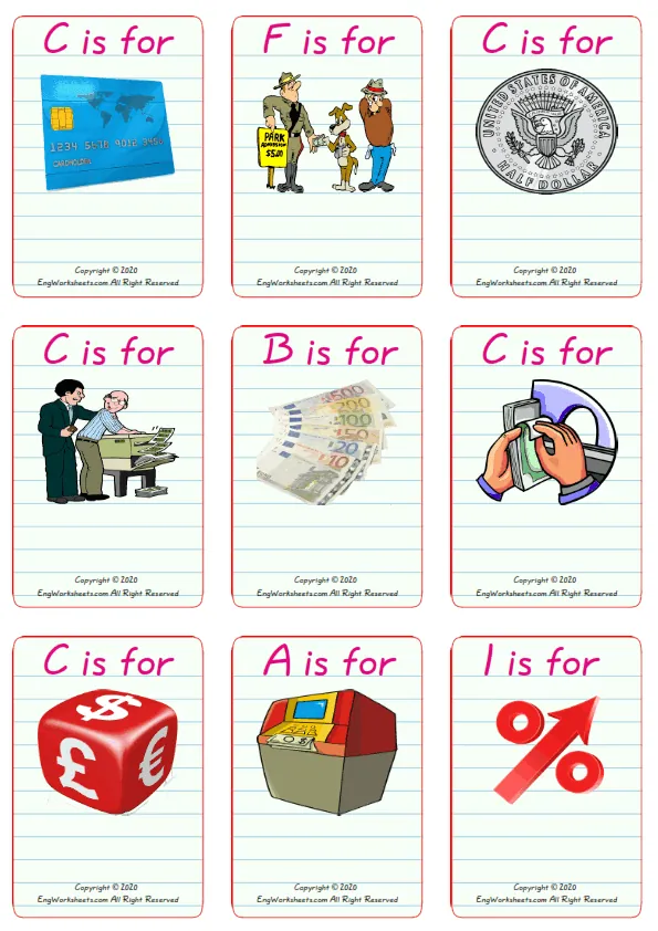 Wordless Money vocabulary worksheet with nine images per page