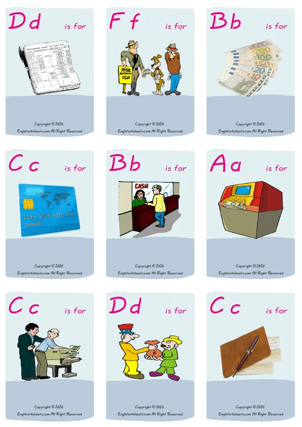 Wordless Money vocabulary worksheet with nine images per page