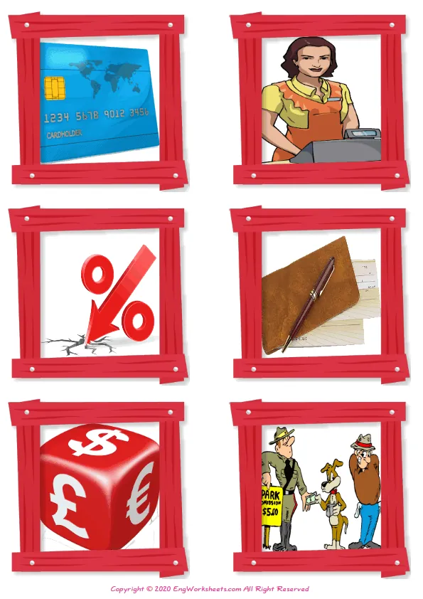 Wordless Money vocabulary worksheet with six images per page Worksheet Preview