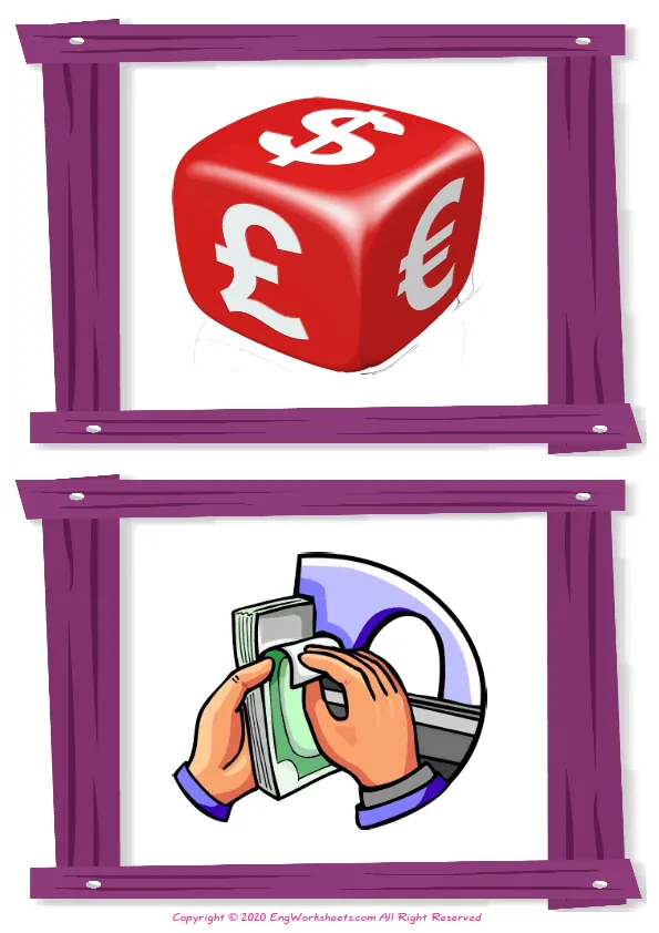 Wordless Money vocabulary worksheet with two images per page