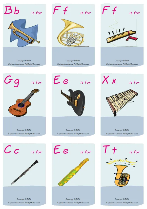 Wordless Musical Instruments vocabulary worksheet with nine images per page Worksheet Preview
