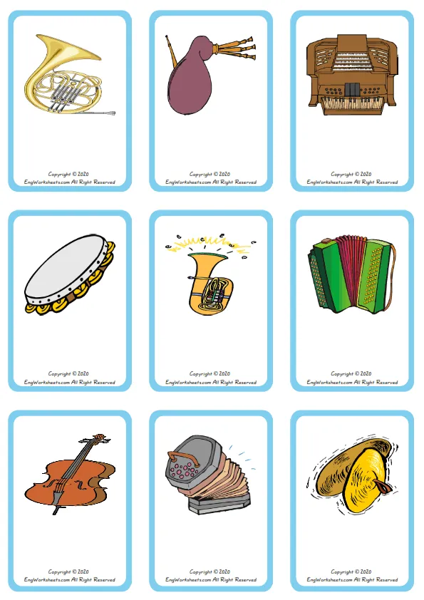 Wordless Musical Instruments vocabulary worksheet with nine images per page Worksheet Preview