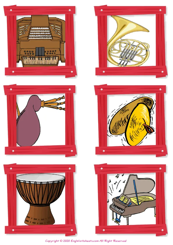 Wordless Musical Instruments vocabulary worksheet with six images per page Worksheet Preview